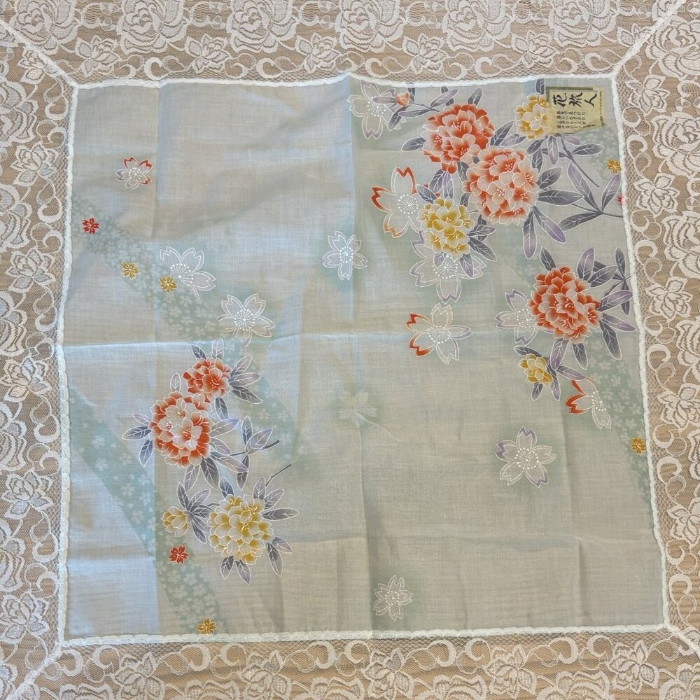 Vintage Japanese Kimono Scarf Kerchief Floral Lace Blue Hydrangea Gift Beautiful